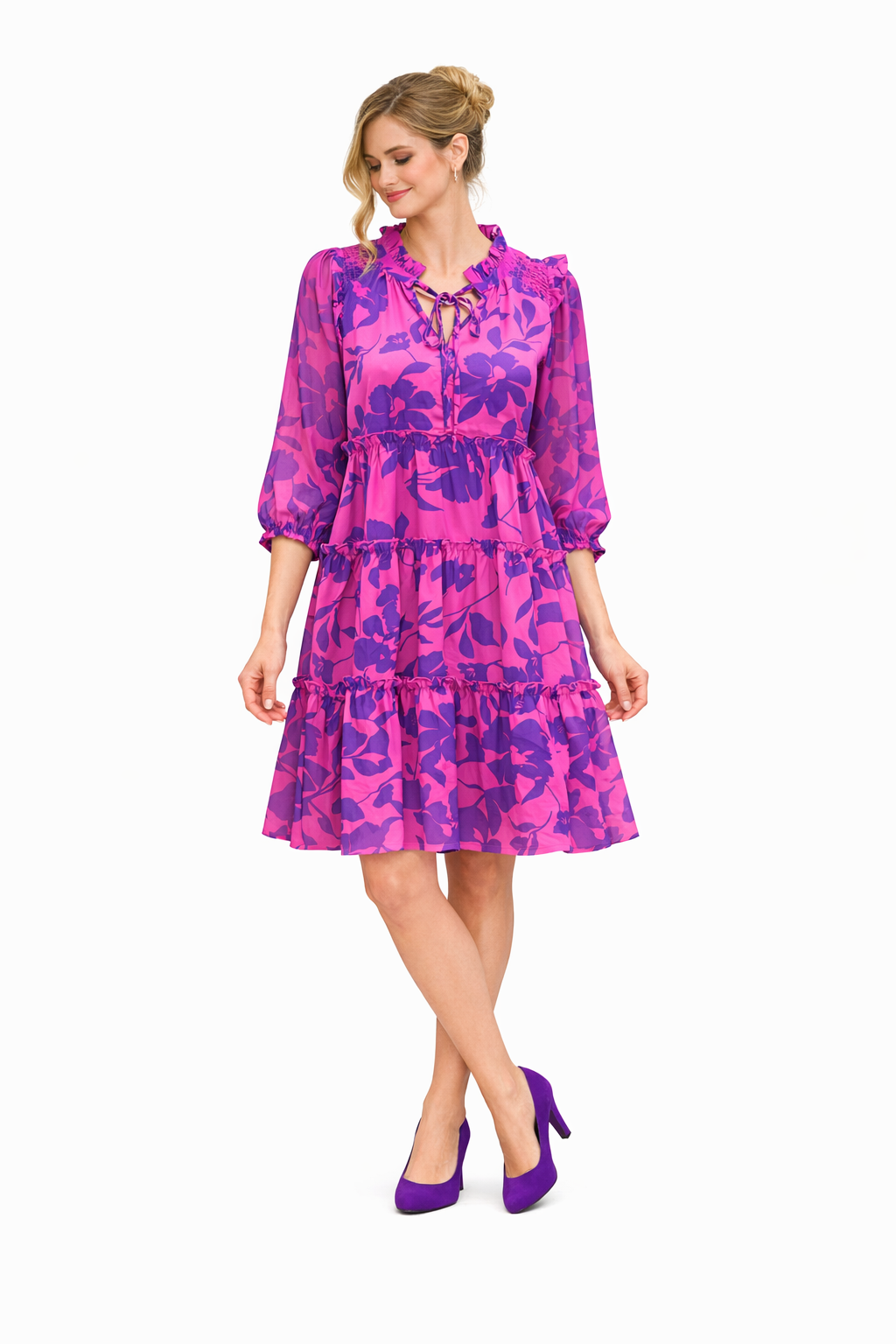 Umgee Ruffle Neck Tie Magenta Mix