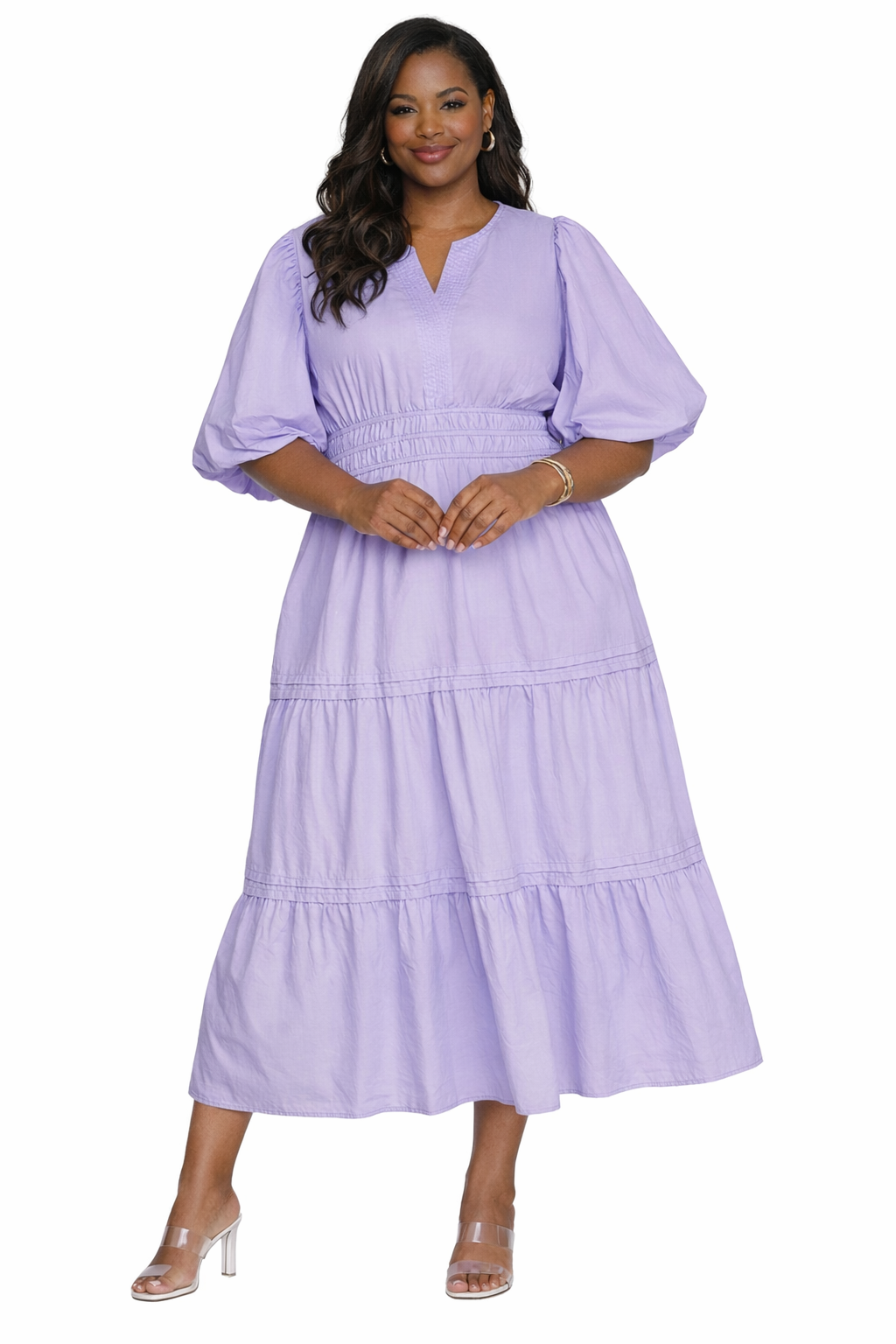 Poplin Woven Tiered Midi Dress Lilac