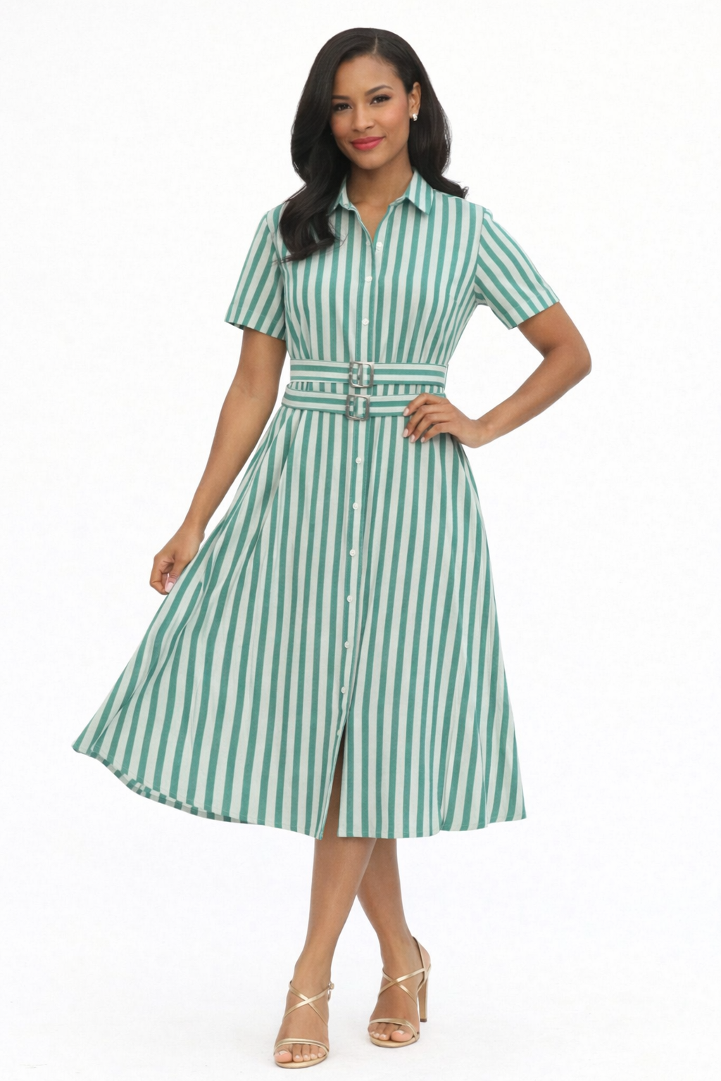 Entro Collared Short Sleeve Midi Dress With Double Belt D28953 - Green
