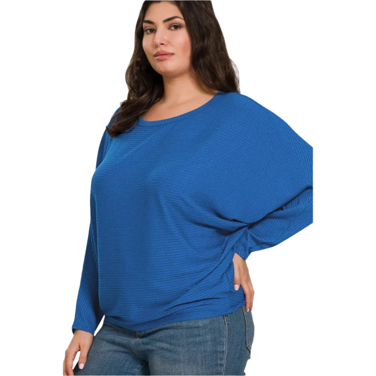 Long Sleeve Ribbed Batwing Top Ocean Blue