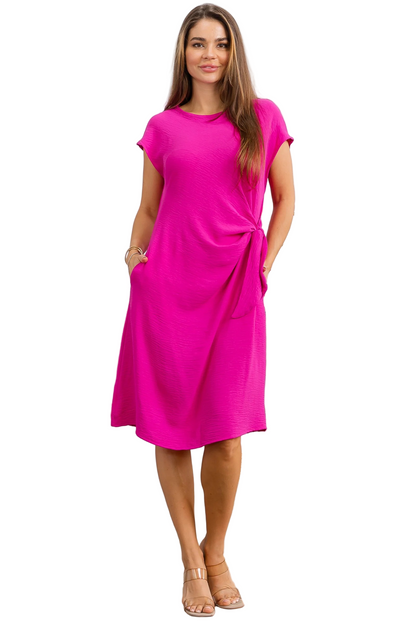 Side Tie Cap Sleeve Dress Fuchsia