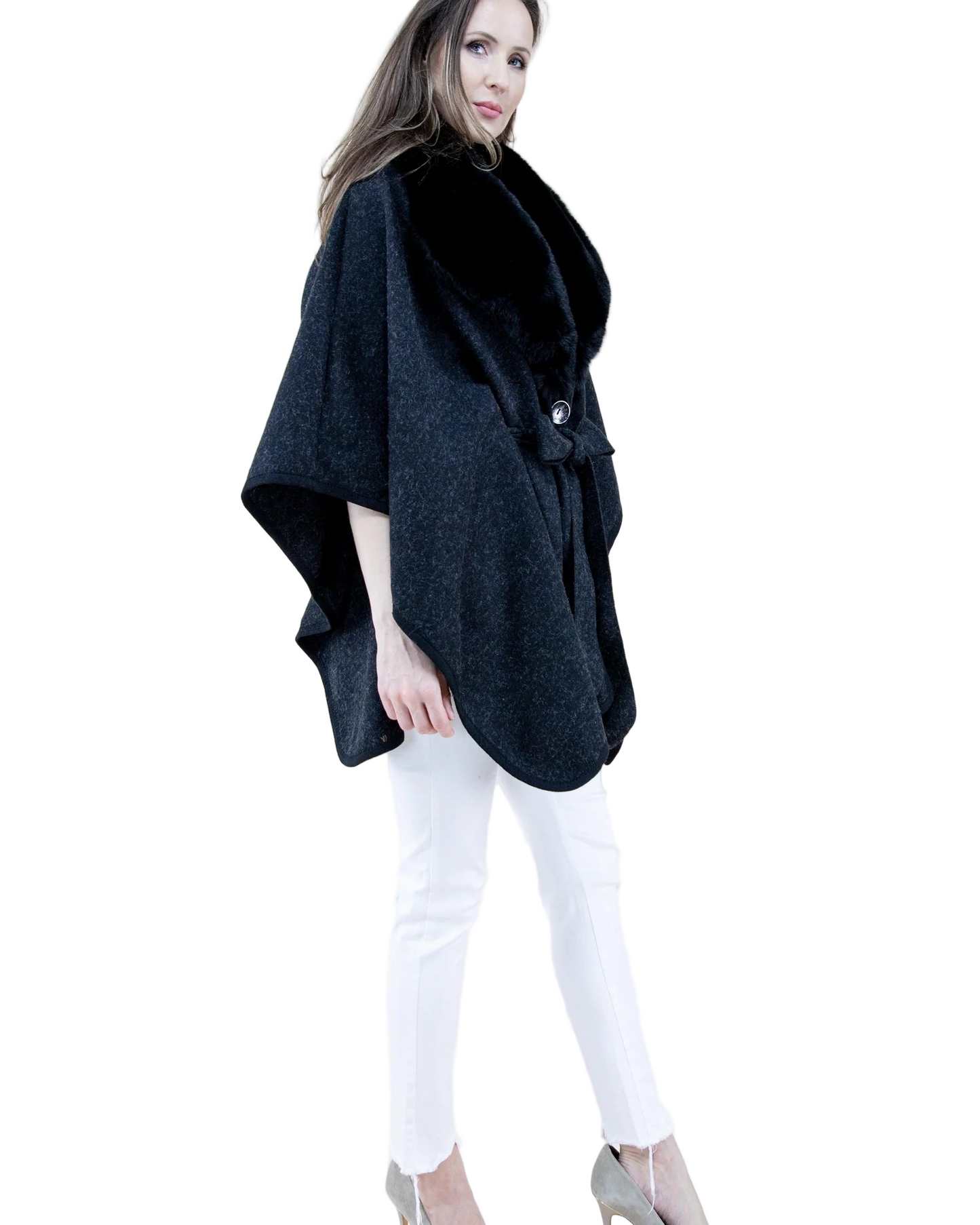 Puffy Fur Shawl Cape W/Belt Black