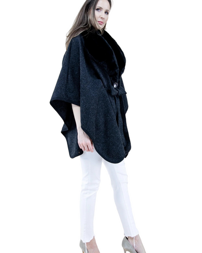 Puffy Fur Shawl Cape W/Belt Black