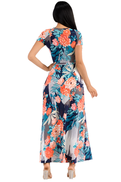 Short Sleeve Coral Floral Maxi Dress