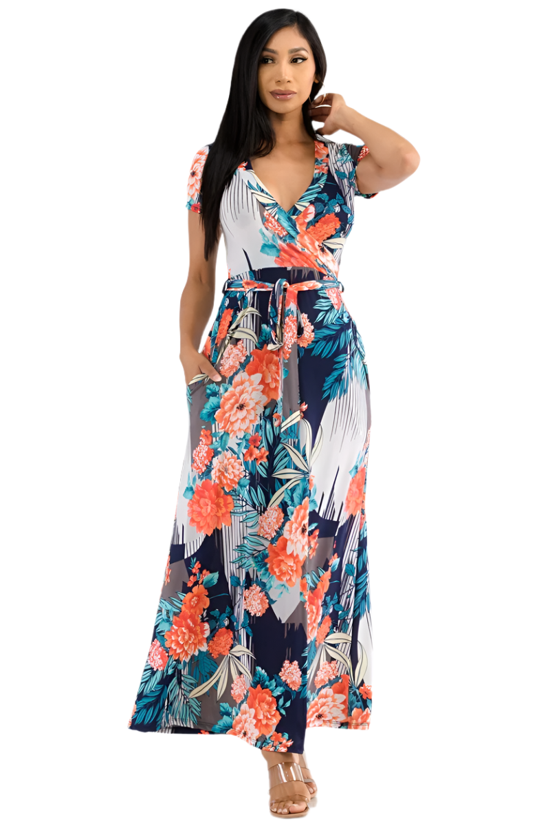 Short Sleeve Coral Floral Maxi Dress