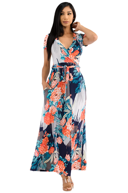 Short Sleeve Coral Floral Maxi Dress