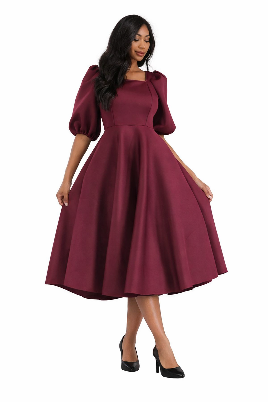 Puff Sleeve Dress Burgundy