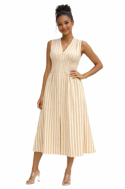 Striped Zip Down Midi Dress Taupe
