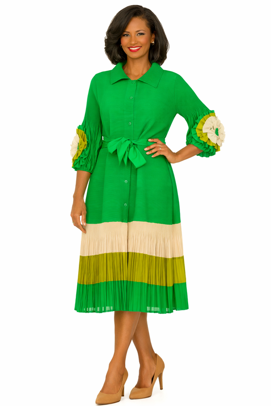 Giovanna Notch Collar Dress With Pleats Green