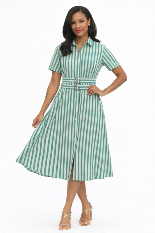 Entro Collared Short Sleeve Midi Dress With Double Belt D28953 - Green