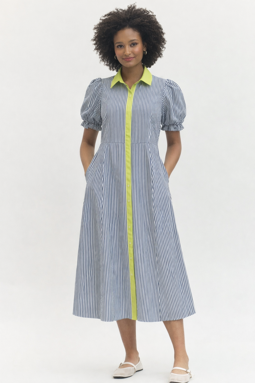 Entro Puff Sleeve Midi Dress With Contrast Trim D30453P - Navy