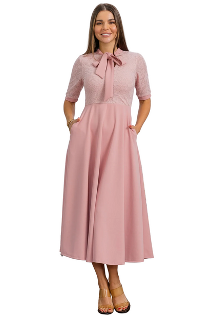 Tie Neck A-Line Midi Dress HH777X Mauve