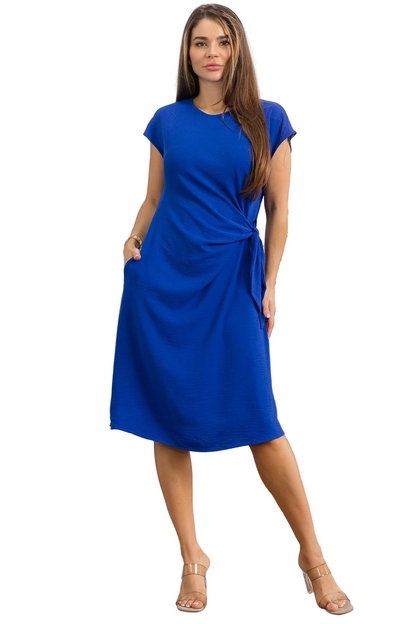 Side Tie Cap Sleeve Dress Royal Blue