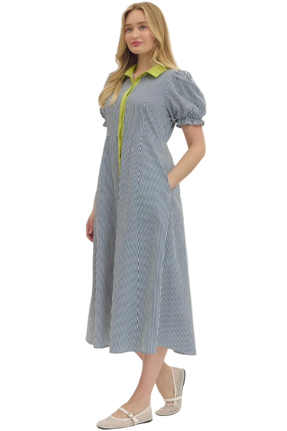 Entro Puff Sleeve Midi Dress With Contrast Trim D30453P - Navy