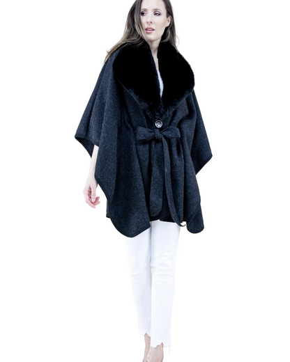 Puffy Fur Shawl Cape W/Belt Black