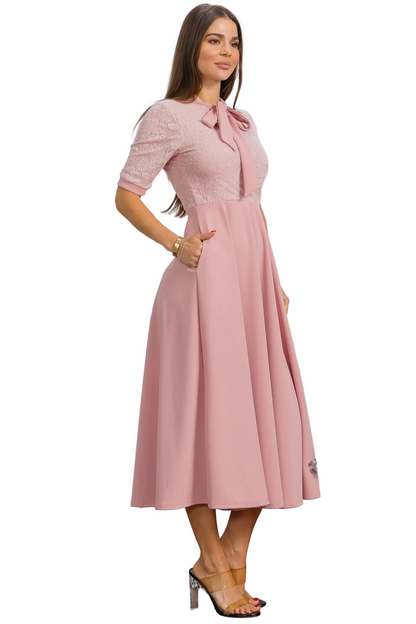 Tie Neck A-Line Midi Dress HH777X Mauve