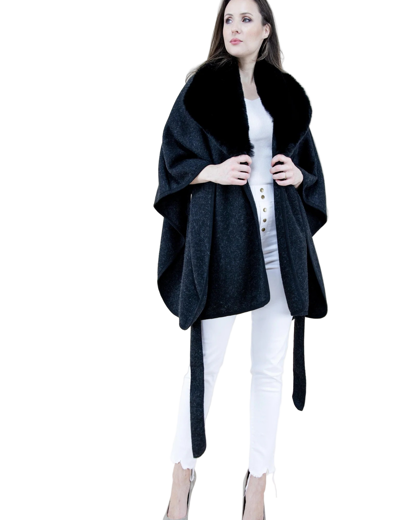 Puffy Fur Shawl Cape W/Belt Black